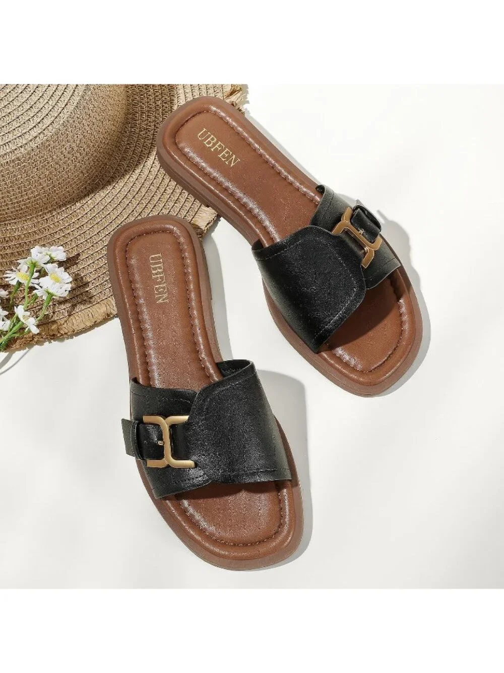 Women's Black Square Toe Flat Sandals Slides Dressy Comfortable for Beach